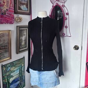 questions by say what black ribbed knit zip up jacket